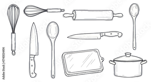 A collection of hand-drawn kitchen utensils including a whisk, rolling pin, knives, spoons, a cutting board, and a pot.