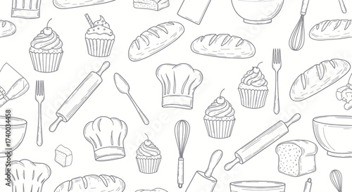 A charming hand-drawn illustration featuring a delightful pattern of baking ingredients and tools, perfect for culinary themes.