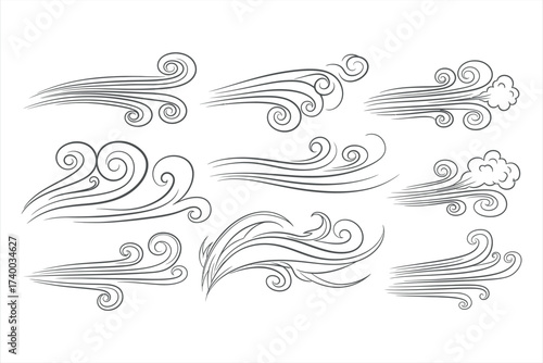 Collection of stylized wind and swirl graphic elements in dark gray gust breeze