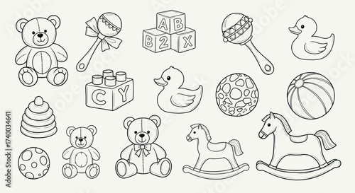 A collection of classic baby and toddler toys illustrated in a black and white line art style, including teddy bears, rattles, blocks, and rocking horses.