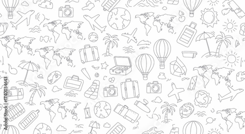A whimsical doodle pattern featuring travel-related icons like airplanes, suitcases, hot air balloons, and world maps, set against a clean white background.