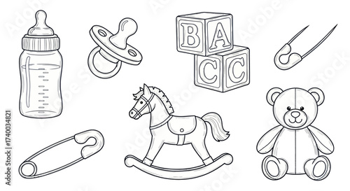 Baby items: bottle, pacifier, blocks, pins, rocking horse, teddy bear.