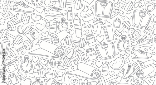 Hand-drawn black and white doodle pattern of various fitness, sport, and gym equipment.