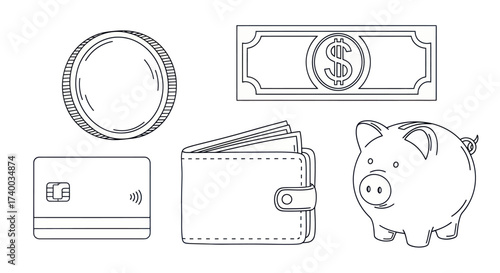 A set of black and white line art illustrations representing money and finance concepts, including a coin, banknote, card, wallet, and piggy bank.