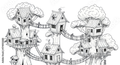A whimsical black and white line drawing of an elaborate village of treehouses connected by rope bridges in a fantasy forest setting.