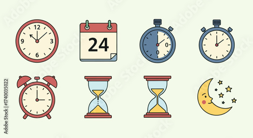 A collection of eight flat design icons representing different aspects of time, including clocks, a calendar, hourglasses, a stopwatch, and a crescent moon with stars.