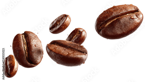 Coffee beans in mid-air.  Roasted, whole beans, various stages,  brown,  dark,  floating,  isolated
