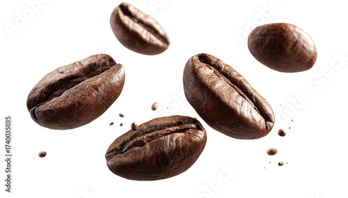 Roasted coffee beans in mid-air, scattered with grounds