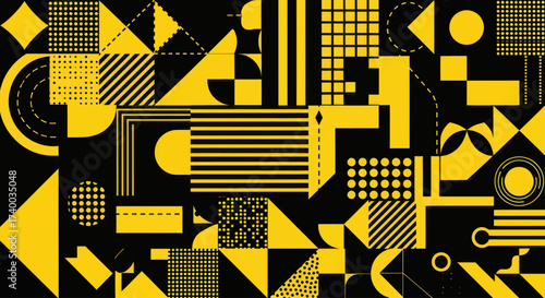 A vibrant abstract geometric pattern featuring an intricate arrangement of yellow squares, circles, triangles, and lines on a stark black background.