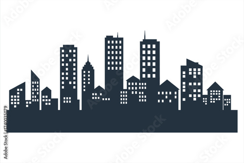 Dark blue silhouette cityscape with varied building heights and window patterns buildings architecture
