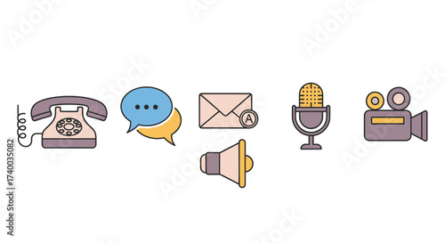 A set of retro-style communication and media icons including a telephone, chat bubbles, email, microphone, megaphone, and video camera.
