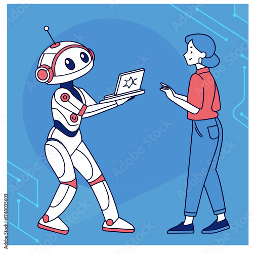  An abstract humanoid robot holds a cute digital hologram of futuristic bot on a palm. Artificial Intelligence innovation vector illustration. Blue technology background.  