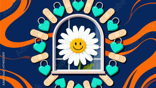 Smiling daisy in window with heart locks and bandages