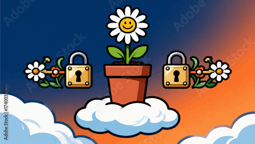 Smiling flower in pot with locks and clouds