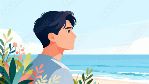 Man gazing at ocean with plants nearby