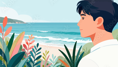 Man overlooking ocean from beach foliage