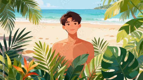 Man on tropical beach surrounded by foliage