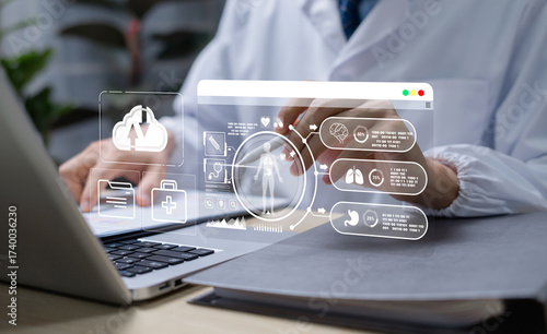 Healthcare doctor using digital cloud platform for electronic medical records, focusing on secure patient data management, privacy, and hospital information systems