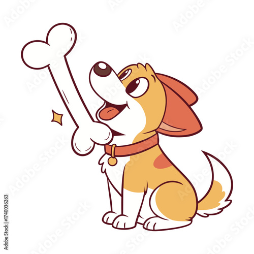 Cute Cartoon Dog Sitting with Giant Bone Illustration