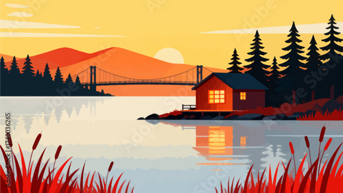 Cabin by lake at sunset with bridge