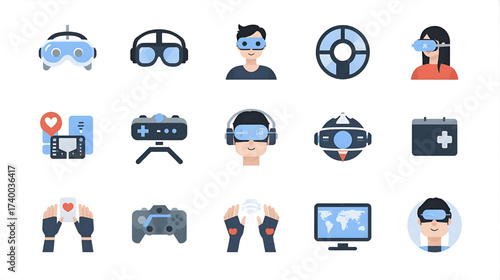 Virtual Reality Technology Icons Set Modern VR Headsets and Gaming Accessories