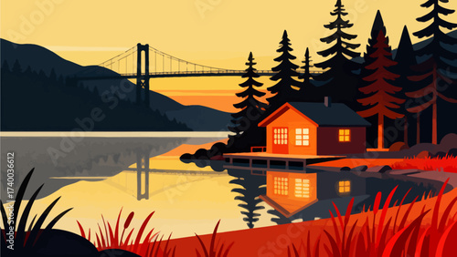 Cabin by lake with bridge at sunset