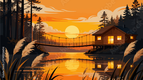 Cabin by lake at sunset with bridge