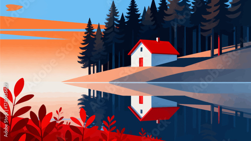 House by lake with forest and sunset