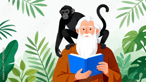 Elderly man reading with monkey on shoulders