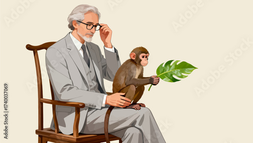 Elderly man with monkey on lap holding leaf
