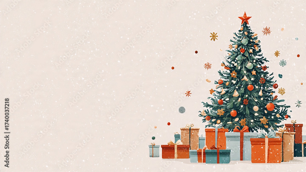 Fototapeta premium Christmas celebration with a decorated tree and gifts, ample copy space, and festive icons