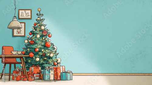 Christmas celebration with a decorated tree and gifts, ample copy space, and festive icons