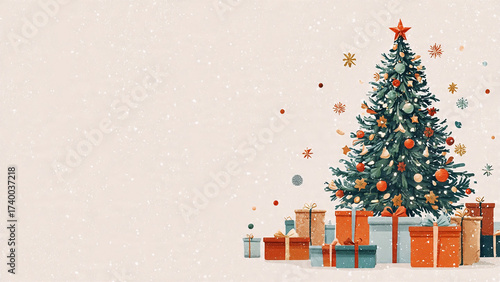 Christmas celebration with a decorated tree and gifts, ample copy space, and festive icons