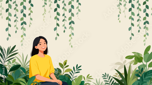 Woman sitting among green plants