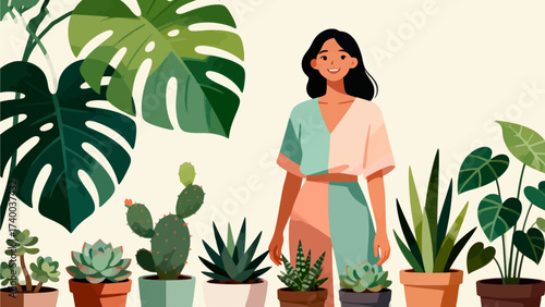 Woman standing with potted plants