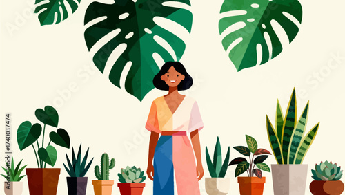 Woman standing among potted plants