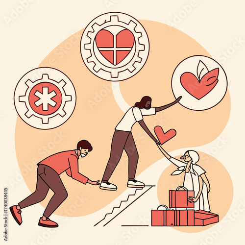 Diverse team ascending steps with support symbols
