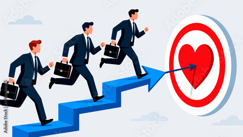 Businessmen running toward heart target