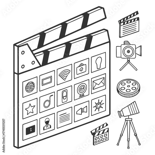 Film production tools icons isometric illustration