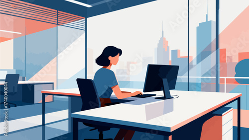 Woman working at desk with city view