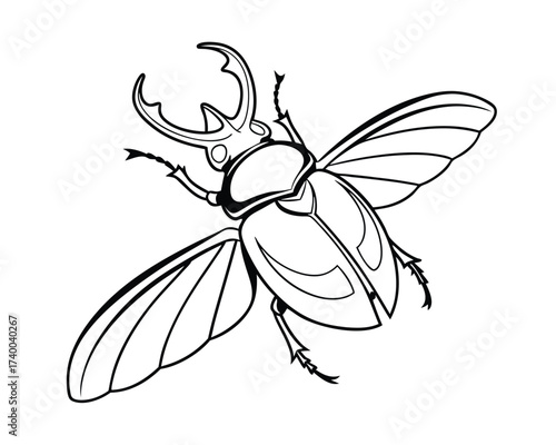 Stylized illustration of a rhinoceros beetle in black and white showcasing intricate wing and horn design for insect enthusiasts