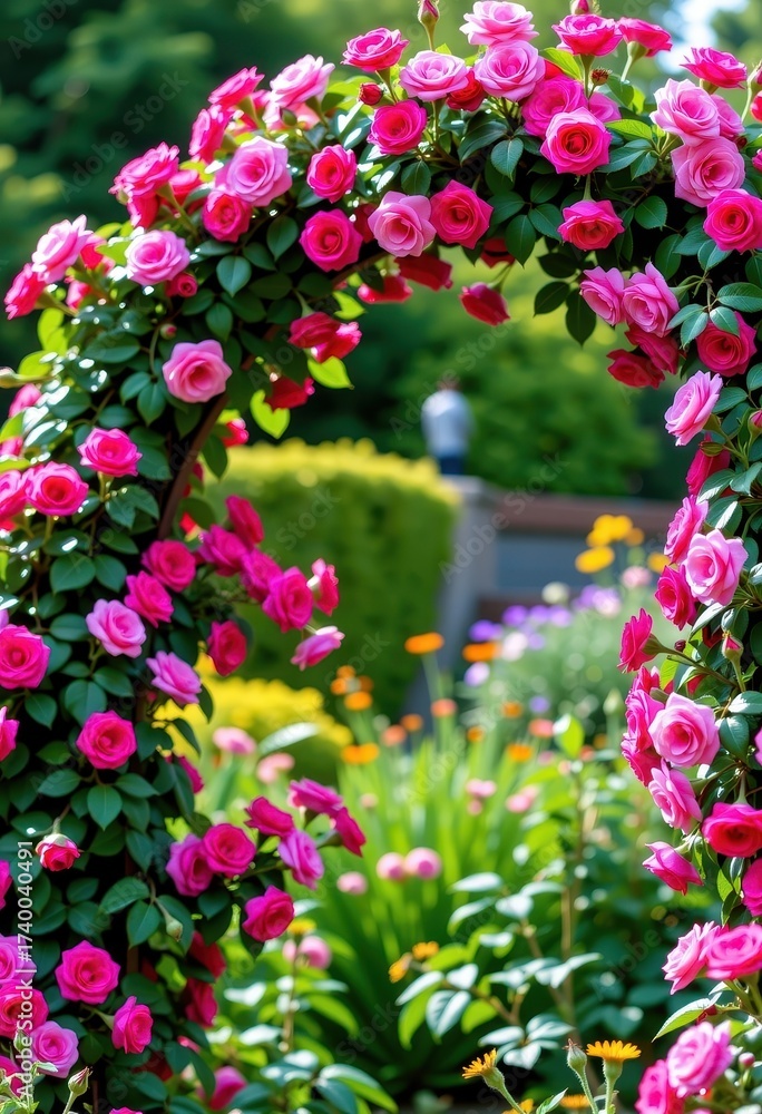 Obraz premium Romantic rose archway in a lush garden, blooming flowers climbing the structure, creating a beautiful natural frame, garden decor, pathway