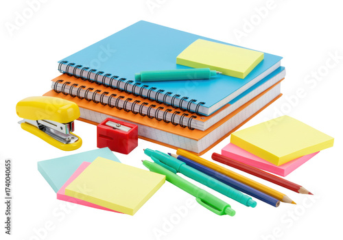 Isolated school supplies for students, with books, pencils, stapler, and sticky notes, study and work