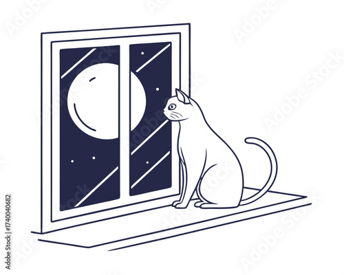Elegant Cat Contemplating the Full Moon from the Window Sill Artistic Minimalist Illustration Serene Nighttime Scene