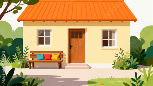 Yellow house with orange roof and garden