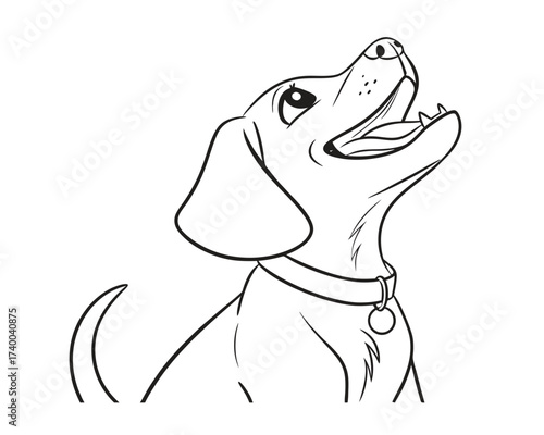 Adorable Dog Line Art Vector Illustration Looking Upward with Collar and Tag on White Background Pet Animal