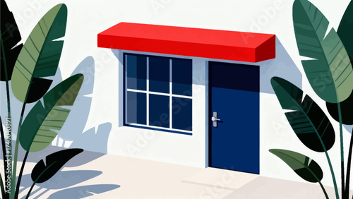 White building with blue door and red awning