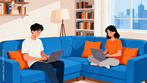 Two people using laptops on a blue sofa