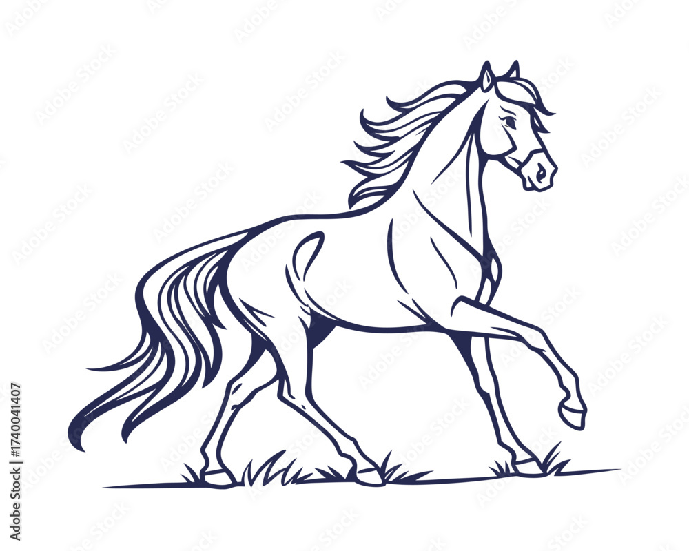 Obraz premium Elegant Horse Silhouette Isolated on White Background with Dynamic Movement and Flowing Mane in Detailed Vector Illustration Style