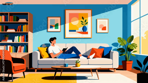 Man reading on sofa in colorful living room